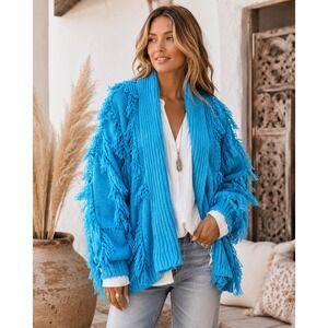 Vintage Western Connection Turquoise Fringe Cardigan Sweater‎ Womens M Boho